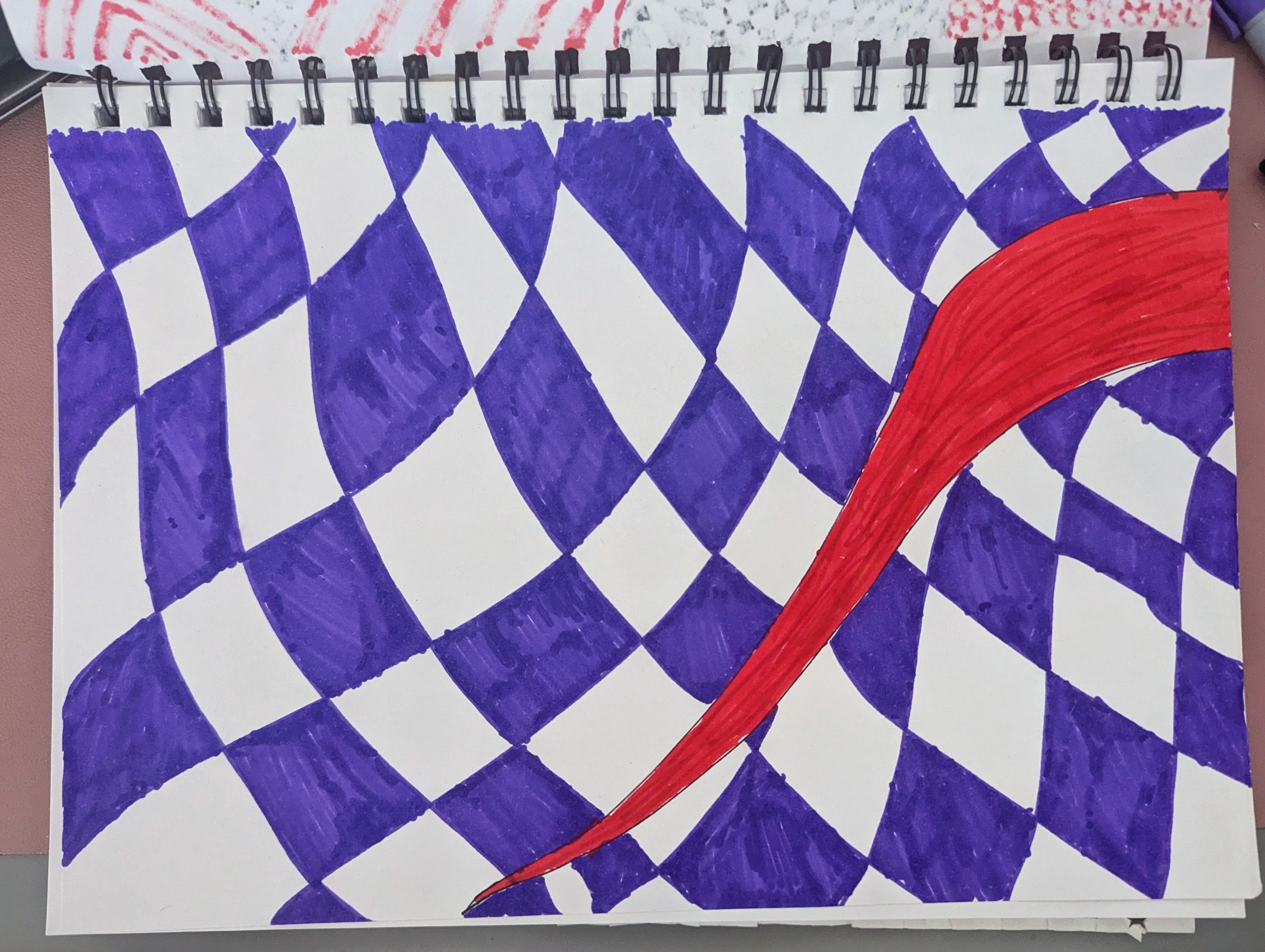 Purple Warped Checkboard Pattern with a red scar through it